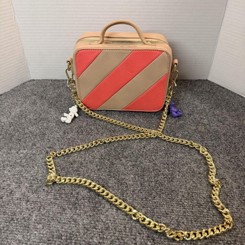 Jules Kae Crossbody Bag Womens Small Pink Tan Stripe Faux Leather Chain Strap